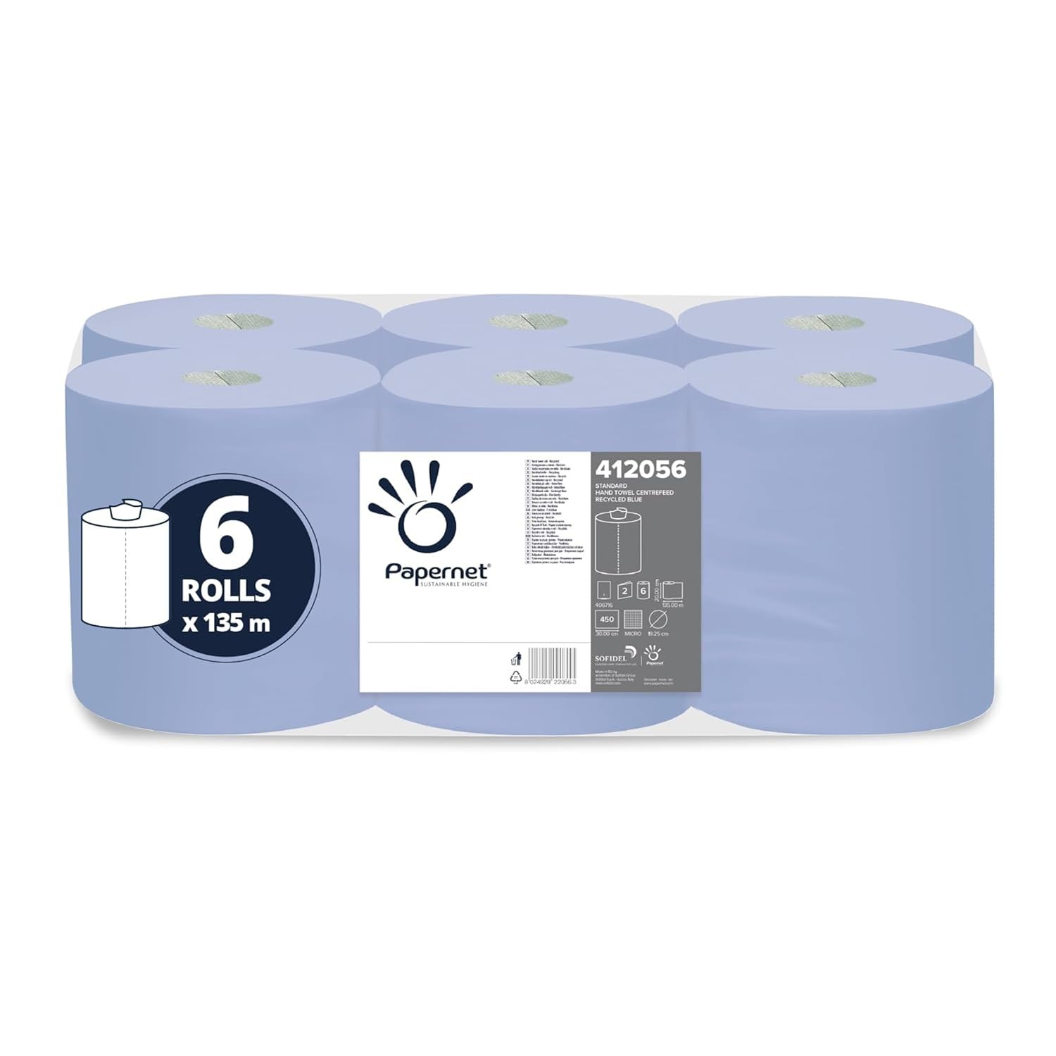 Papernet - Blaue Papierhandtuchrolle mit Zentralentnahme 412056, Packung mit 6 Rollen je 135 m, 450 Blattanzahl von 20x30 cm, 2 Lagen, Made in Germany