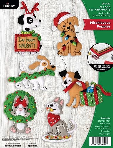 Bucilla Felt Applique 6 Piece Ornament Making Kit, Mischievous Puppies, Perfect for Holiday DIY Arts and...