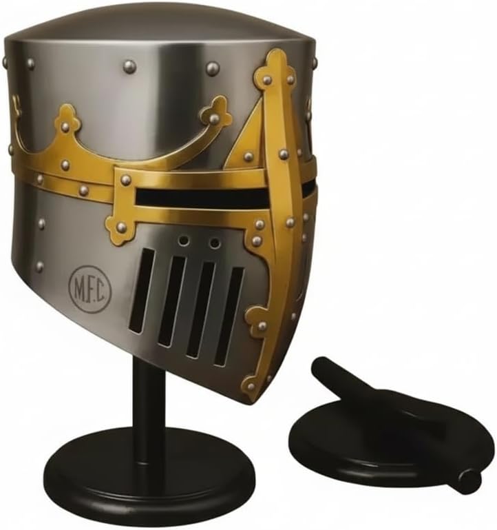 Handmade Medieval Factory Crusader Knight Helmet, Full Steel Construction, Silver with Gold Trim, Decorative Templar Design, Display Stand Included, for LARP and Cosplay Collection