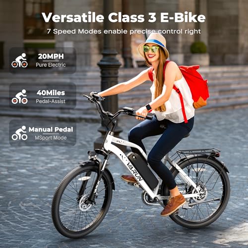 Image of VARUN Electric Bike for Adults - 500W Electric Bicycle Up to 40Miles, 48V Removable Battery, Shock Absorber, 7-Speed and Dual Disc Brakes,Stylish 26 inch Cruiser E-Bike Suitable for Commuting