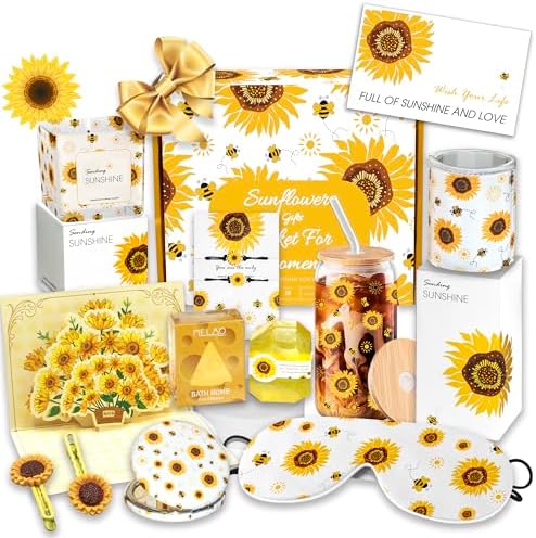 Sunflower Gift Baskets for Women, Sending Sunshine Unique Birthday Cheer Up Box Self Care Package, Get Well Soon Spa Gifts Set Box - Thinking of You Gift for Lover, Her, Girls, Women, Sister, Mom