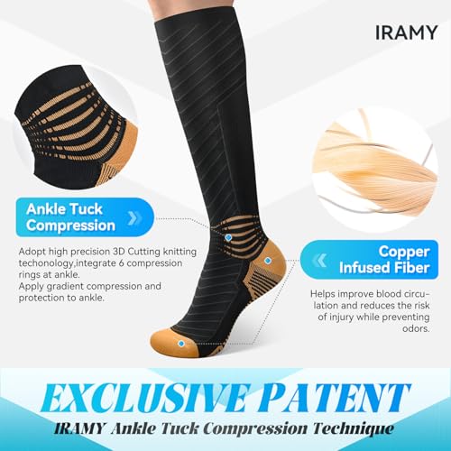 IRAMY Copper Compression Socks for Men Women 15-20 mmHg Ankle Support V-Shape Gradient Compression Coolmax Wicking Knee High Socks3