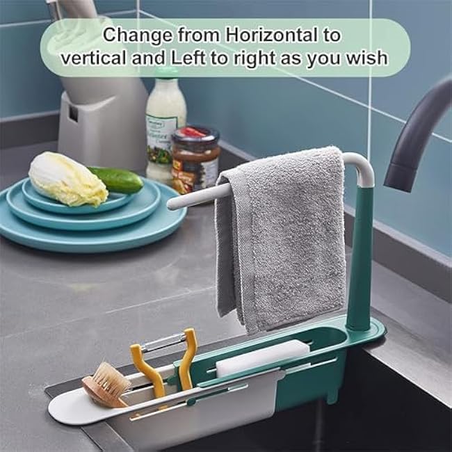 Onwddarefy Sink Storage Rack, Telescopic Sink Storage Rack, 2025 Upgrade Adjustable Kitchen Sink Organizer, Extendable Organizer Accessoriesr with Dishcloth Hanger for Kitchen Bathroom-Black