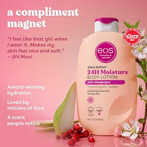 Image of eos Shea Better Body Lotion Pink Champagne, 24-Hour Moisture Skin Care, Lightweight & Non-Greasy, Natural Shea, Vegan, 16 fl oz