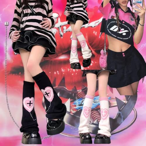MOFLYS Leg Warmers for Women Kawaii Pink Heart Cross Print Knit Y2K Leg Socks Lolita Warm Harajuku 80s Outfit Punk (2 Pairs)4