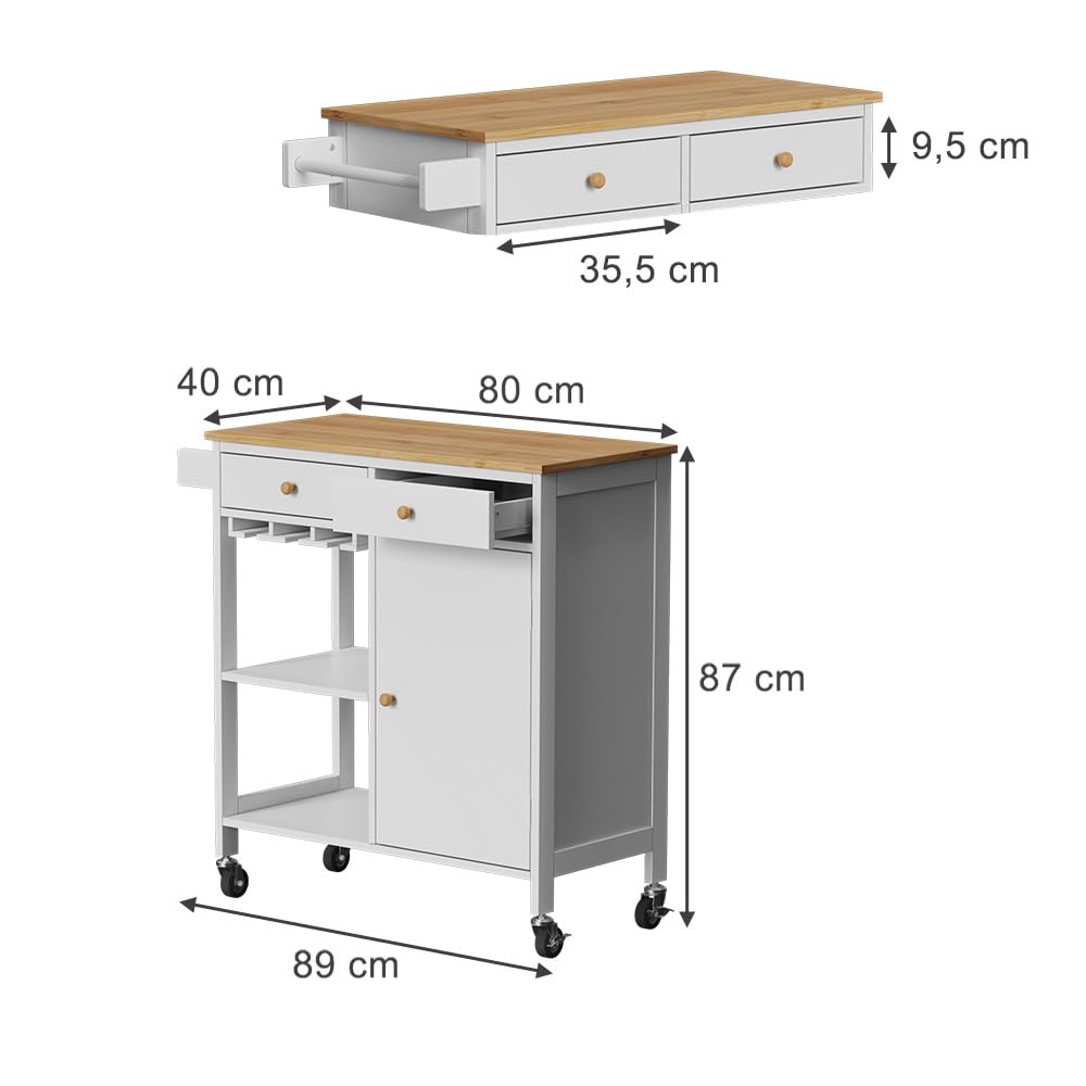 Vicco Küchenwagen Trayz, Weiß, 89 x 87 cm mit Rollen, mit Flaschenablage und Weinglashalter für Flexible Nutzung