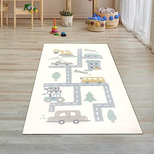 Teppich-Traum Kinder-Teppich Kinderzimmerteppich Junge Läufer weich Auto Bagger Straße schmutzabweisend in Creme 80x150 cm