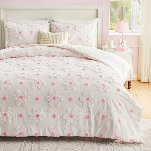 VIVILINEN Twin Comforter Set for Girls 2 Pieces Twin Size Pink Floral Bedding Set Cute Comforter with Tufted Daisies Flowers, Lightweight Bed Set for Kids Teen Girls Women