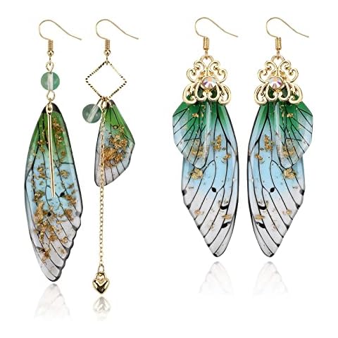 ABONDEVER Cottagecore Butterfly Wing Earrings 1 Pair 14K Gold Foil Fairy Wing Earrings & 1 Pair Fairycore Asymmetrical Earrings for Women Drop Dangle Earrings(gold foil Green) Cover