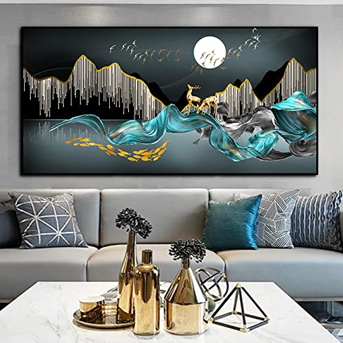 Arbre cerf peinture sur toile d'art moderne Golden Stream vert et or 90x180cm