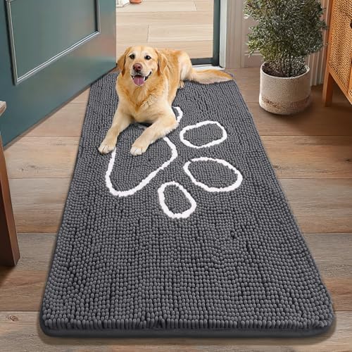 Image of Smiry Dog Door Mat for Muddy Paws, Absorbent Dirt Trapper Non Slip Quick Dry Washable Chenille Mat for Mud Dogs, Entry Rug for Indoor and Outdoor (48x30 Inches, Dark Grey and White)