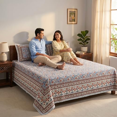 Image of Mafatlal 144 TC Heritage Queen Size (90x108 inches) Floral Printed Double Bedsheet with Pillow Covers | Soft 100% Pure Cotton Bedsheet Set | Tribal Multicolor