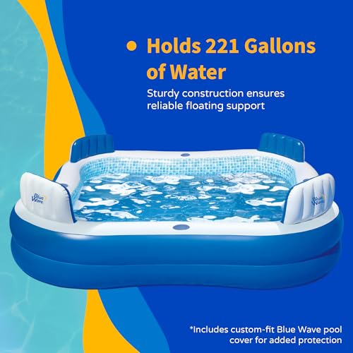 Image of Blue Wave Premier Family Inflatable Pool with Seats - 88-in x 88-in x 26-in Four-Seater Pool for Backyard Fun - Durable 4-Person Inflatable Pool with Cover, Drain Plug & Repair Patch