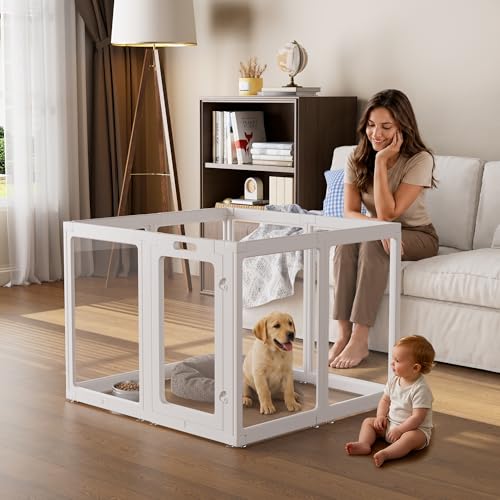 Image of Clear Acrylic Dog Playpen Indoor, Puppy Cat Small Pet Play Pen, Pet Cat Playpen for Rabbits, Dog Fence Crate Kennel Whelping Cage (35 inch, White, 8 Panel)