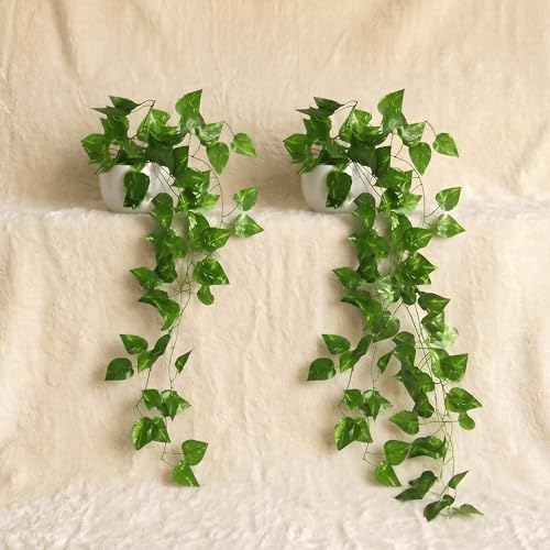 Image of Dekorly Artificial Hanging Garland with Pot - 100cm Rose Vine, 10cm Decorative Pot for Table, Shelf & Wall Decor (2, Vines-01)