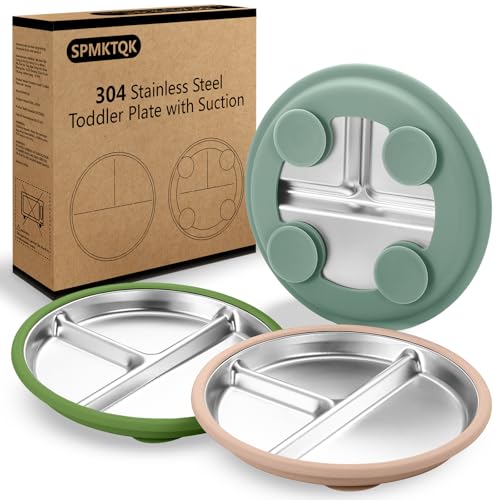 Image of SPMKTQK 3Pack Sainless Steel Kids Plates with Suction, 8.1” Divided Toddler Baby Plates with Removable Silicone Sleeves BPA Free Non-Slip 2-in-1 Anti Breakage Metal Toddler Bowls