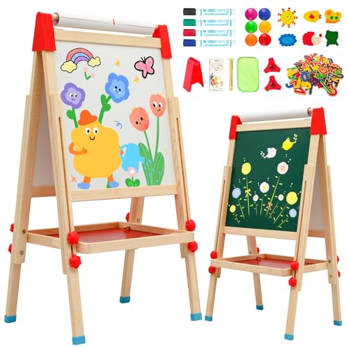 Caballete Infantil con Rollo de Papel,Caballete de Madera de Doble Cara para Niños,Pizarra Blanca y Pizarra Ajustable con Accesorios, Regalo de Cumpleaños para Niños y Niñas