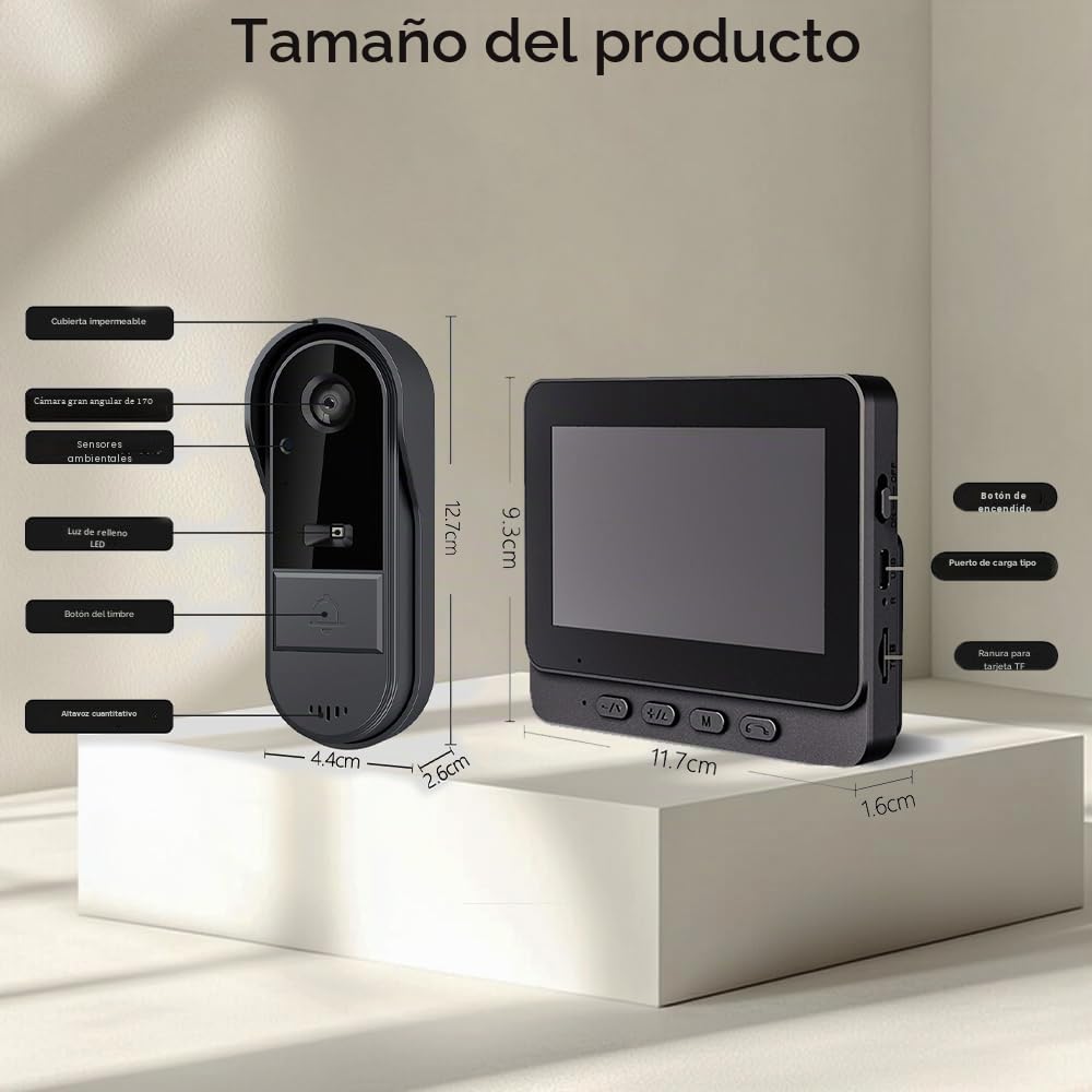 Timbre Inalámbrico con Cámara 1080P IP65 Impermeable Videoportero Inalambrico Exterior con Pantalla de 4,3", Angular de 170°, Visión Nocturna, Video Timbre Casa, Conexión Bluetooth, sin WiFi ni App