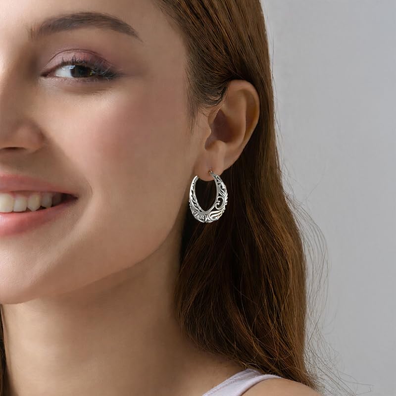 Image of TRUESILVER ACPL 925 Sterling Silver BIS Hallmarked Filigree Hoop Earrings for Women & Girls | Lightweight Designer Oval /Round Hoops | Everyday Wear | Gift for Her