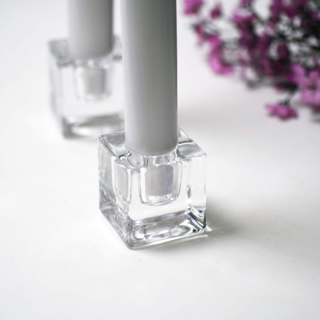 2PCS Square Glass Taper Candle Holders, Crystal Clear, Wedding & Dining