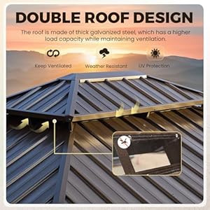 YOLENY 12' x 16' Gazebo Hardtop with Aluminum Frame,Galvanized Steel Double Roof Gazebos with Curtain and Netting,Outdoor Metal Pergolas for Garden, Lawn, Deck, Brown YOLENY 12 x 16 Gazebo Hardtop with Aluminum FrameGalvanized Steel Double Roof Gazebos with Curtain and NettingOutdoor Metal Pergolas for Garden Lawn Deck Brown