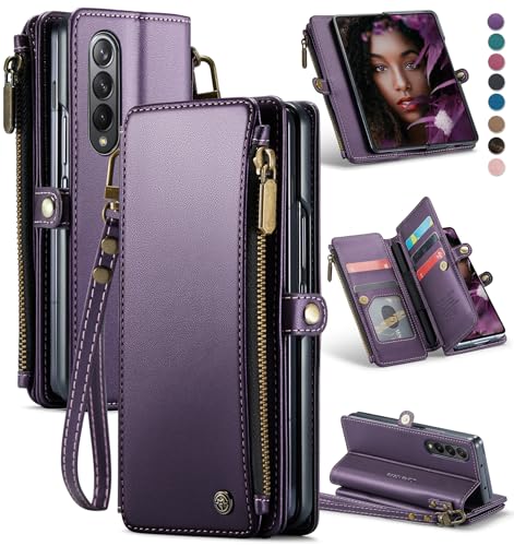 Defencase Wallet Case Compatible with Samsung Galaxy Z Fold 3 with RFID Blocking Card Holder & S Pen Holder Slot PU Leather Magnetic Snap Flip Zipper Strap Phone Case Fit for Galaxy Z Fold 3, Purple