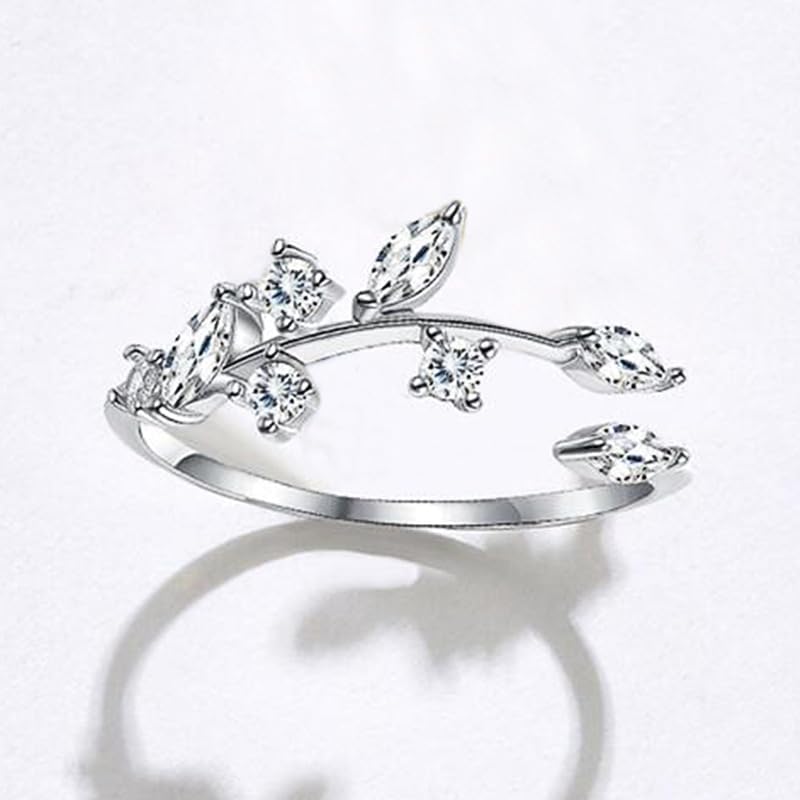 Gem Leaf Marquise Cut Moissanite Round Cubic Zirconia Cuff Open Ring for Women Wedding Engagement Anniversary Ring CZ 925 Plated Silver Promise Cocktail Rings Adjustable Size - Image 2
