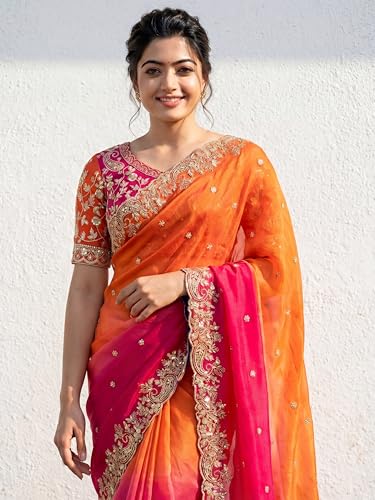 Image of Amazon Brand - Tavasya Fancy Fendy Satin Silk Saree with Multi Sequence Embroidery Work | Heavy Embroidered Wedding Party look Saree with Running Blouse Piece