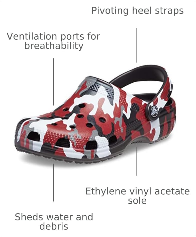 Image of Crocs Unisex-Adult Classic Camo Clogs, Black /Red, 13 Men /15 Women
