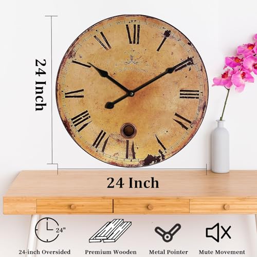 Eruner TZZ-009 Rustic Wall Clock 24 Inch Vintage Wood Wall Clock Large Wall Clock France Clock Retro Vintage Country Wall Clock Non-Ticking Silent Clock thumb #4