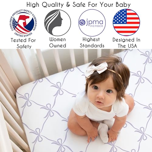 Image of Sweet Jojo Designs Baby Fitted Mini Crib Sheet (Purple Bows) for Girls, Newborn /Infant Nursery, Play Yards, Portable Cribs (Princess, White & Lavender Bow Vintage Coquette Aesthetic, Elegant, Classic)