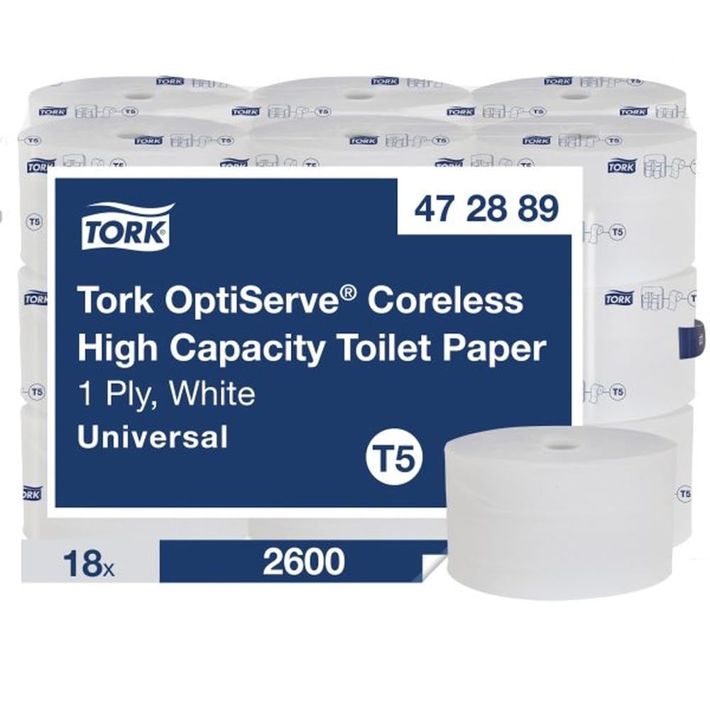 Tork OptiServe 472889 - Papel higiénico sin núcleo de alta capacidad T5, universal, 1 capa, 18 x 2600 hojas, color blanco