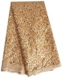 SanVera17 African Lace Net Fabrics Nigerian French Fabric Embroidered and Sequins Leaves for Party Wedding 5 Yards (Gold)