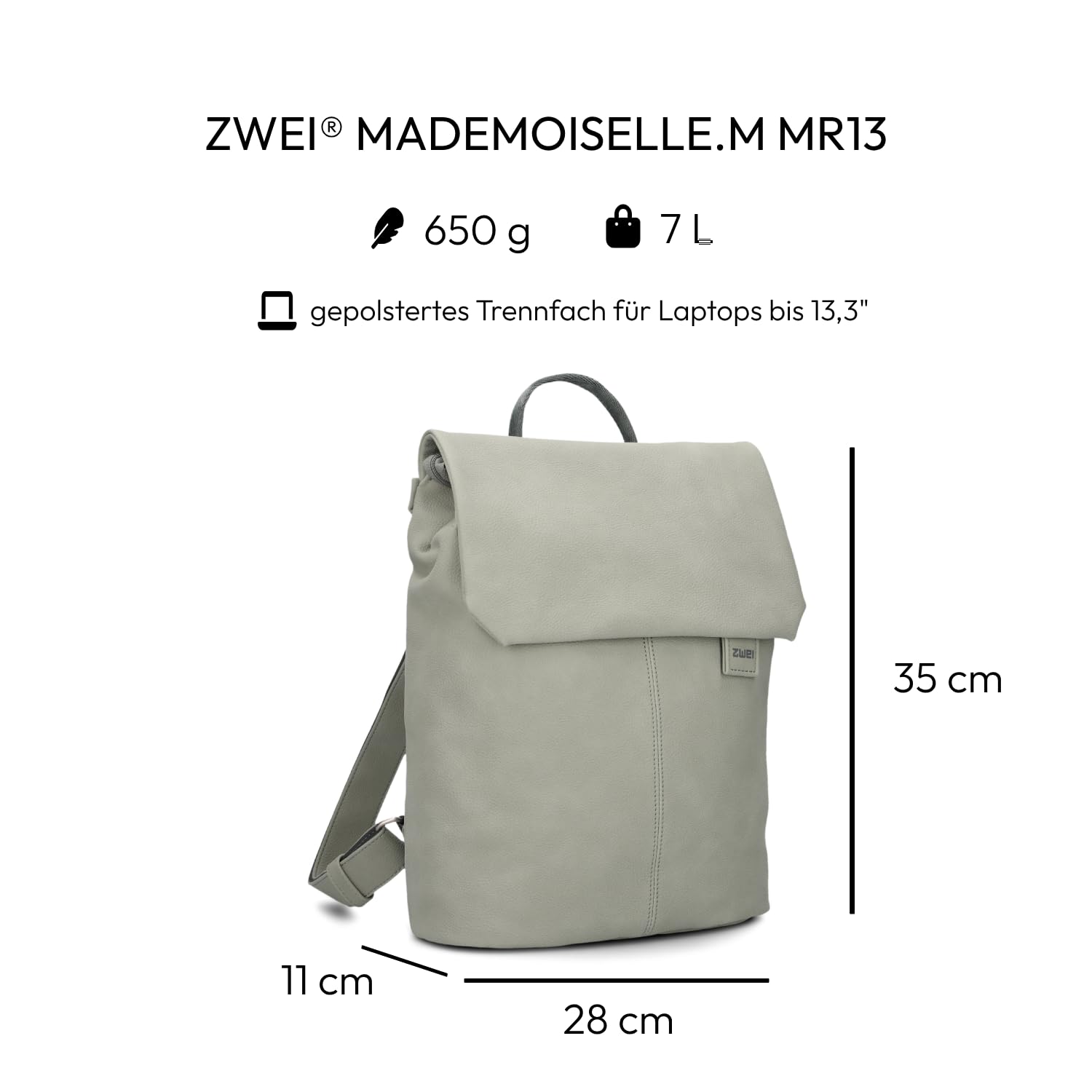 Zwei Mademoiselle.M MR13 damski plecak miejski, 7 litrów, wyściełana kieszeń na laptopa, magnetyczna klapka, komora główna z zamkiem błyskawicznym, wyściółka na plecach, klasyczno-elegancki, Sage