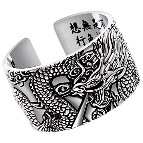 WOZUIMEI Anillo Retro de Estilo Chino S999 Anillo de Plata Esterlina para Hombre Dragón Chino Vintage Caminando por el Mundo Anillo de Plata Escrituras Budistas Talladas en la Pared InteriorCircunfer Cover