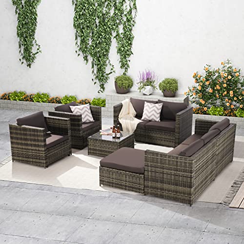 Benmaz Patio Furniture Sets Sofa, 9 Pieces Outdoor Furniture Rattan Patio Conversation Sofa, Patio Dining Sets, Curry Cushion And Brown Rattan #TOP3