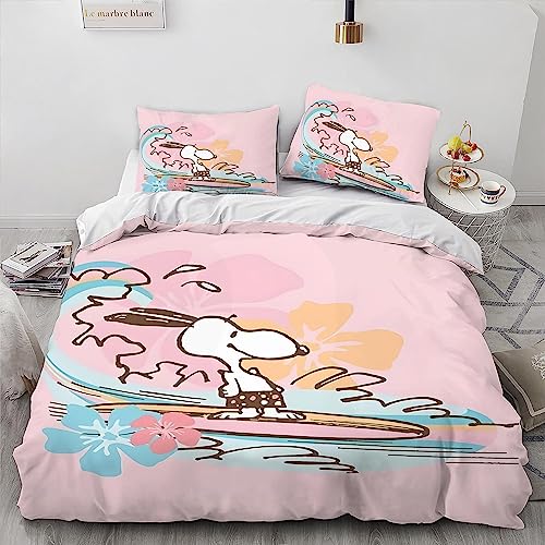 EVURU Snopy Nosy Dog Woodstock Charlie Juego de ropa de cama de 3 piezas, de microfibra, funda nórdica y dos fundas de almohada, juego de cama con estampado 3D, individual 135 x 200 cm + 80 x 80 cm