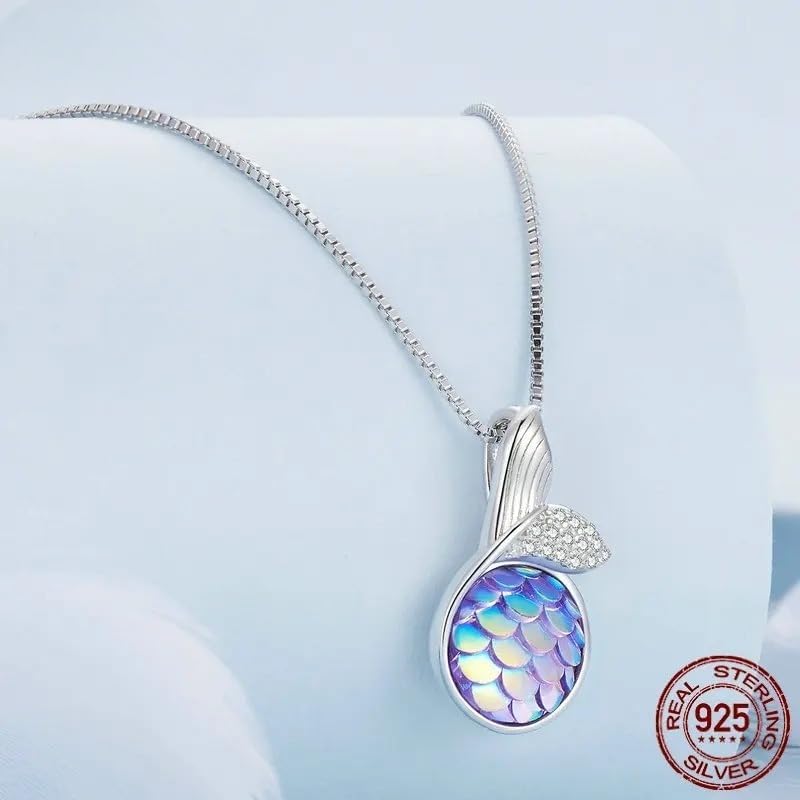 Vista 2 de 925 Sterling Silver Colorful Mermaid Fishtail Pendant Necklace And Opening Ring Jewelry Set for Women Birthday Jewelry, Blue Zirconia Mermaid Fish