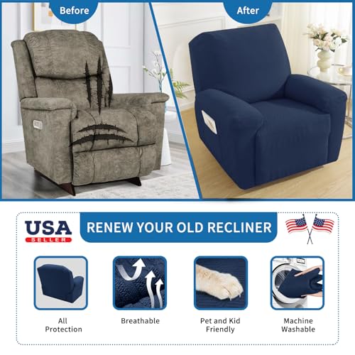 XINEAGE 4-Piece Recliner Cover Stretch Jacquard Slipcover with Pocket, Washable Recliner Chair Protector for Kids, Pets, Dogs, Cats (Navy Blue)