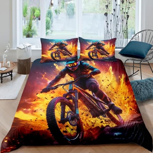Housse De Couette 90X190 Cm Vélo Tout Terrain Parure De Lit en Microfibre 1/2 Personnes avec Fermeture Éclair Housse Couette 3D Imprimé avec 2 Taie d'oreiller -...