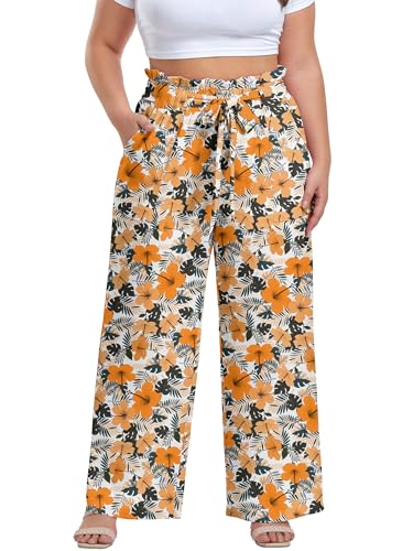 Image of OLRIK Women's Plus Size Pants Adjustable High Waisted Wide Leg Palazzo Pants Casual Trousers with Pockets Spring Clothes