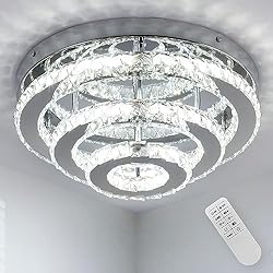Lamparas Que Den Mucha Luz CXGLEAMING 13.8´´ Lampara de techo moderna Araña de cristal regulable LED luz de techo empotrada Araña redonda Plafon de techo para sala de estar dormitorio baño comedor cocina(control remoto)
