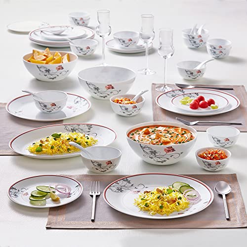 Larah by Borosil Kohinoor Quartz Opalware Dinner Set, Opal Glass Dinner Plates & Bowls, Crockery Set for Dining, 44 Pieces