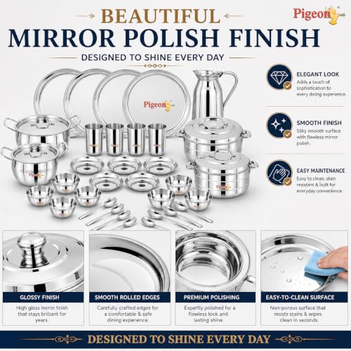 Image of Pigeon Stainless Steel Sparkle Dinner Set 35pcs|Heavy-Duty & Rust-Proo,|Food-Grade, BPA-Free, Elegant & Durable Tableware,Ideal for Home, Kitchen & Dining,Dishwasher Safe,Deal for Gifiting Purpose
