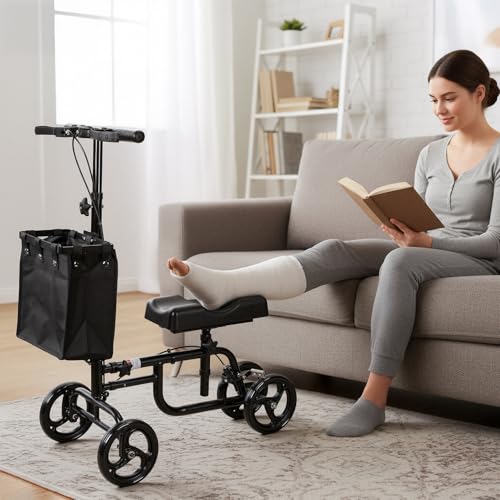 Image of Knee Scooter for Adults Foldable High Carbon Steel Knee Roller Scooter with Shock Absorption & Removable Bag, Adjustable Knee-Scooter for Foot /Ankle Surgery Recovery Black