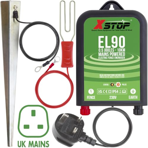 XSTOP 230v Mains Powered Electric Fence Energiser EL90 10Km Range 0.5 Joule Output Weatherproof Kit Includes Leads and Earth Stake. For Horses and Other Animals. 2 Year Warranty*.