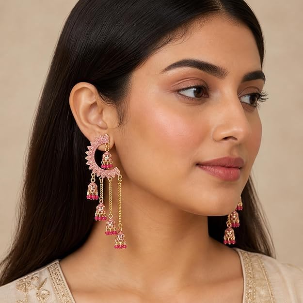 Image of WORLD CRAZE Multicolour long kashmiri jhumka for women chandbali earrings chand baliyan | kashmiri earrings for women | bahubali earrings stylish | Traditional Indian Festive Jewelry | Long Chain Tassels | Pearl Drop Latkan Jewellery (Multi colour)