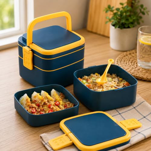 Image of WISHKEY Microwave Proof Double Compartment Lunch Box with Handle for Kids, Colorful Push Lock Tiffin Box for Office Adults, Birthday Gift for School Boys & Girls (Pack of 1, Multicolor)