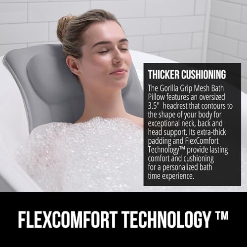 Image of GORILLA GRIP Bath Pillow for Tub, 6 Strong Suction Cups, 4D Mesh FlexComfort Headrest for Neck, Head and Back Support, Luxury Machine Washable Pillows, Bathtub Accessories, Spa Gifts for Mom, Gray