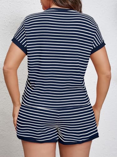 Image of Beautife Womens Plus Size Lounge Set 2 Piece Outfits Stripe Short Sleeve Shirts Tops Shorts Summer Casual Loungewear